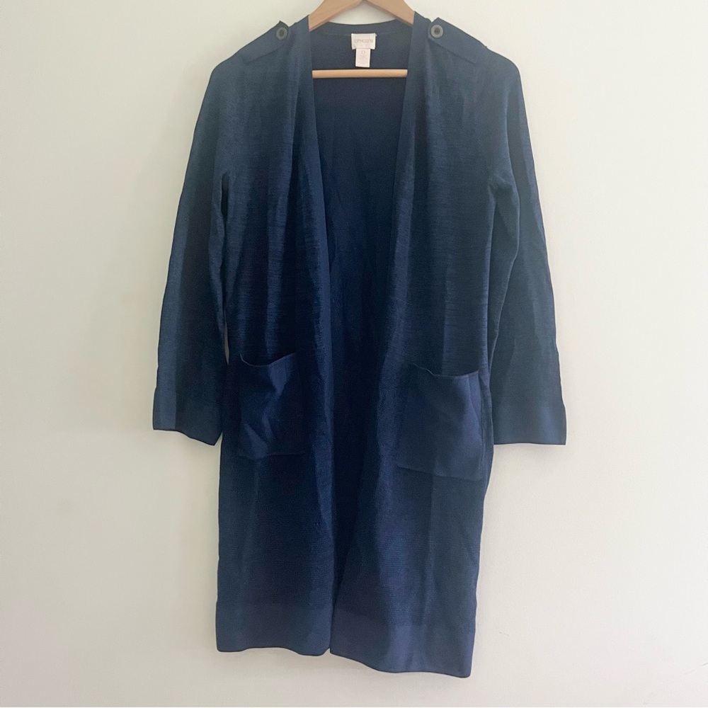 Chico’s Stretchy Duster Long Open Cardigan Women’s Sz Small Navy Blue Light